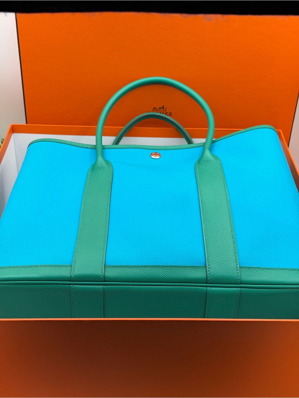 HERMES Garden Party PM Tote Bag blue aztec Vert Jade Toile Officier Veau Epsom🔥